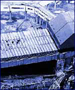 The view of pipes roof under destroy nuclear reactor