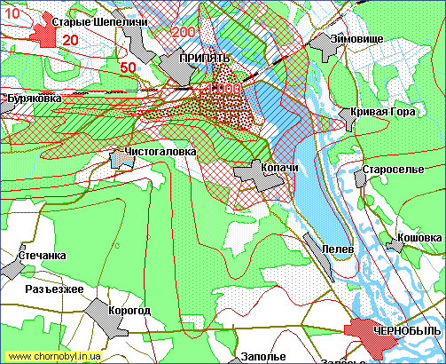 Карта радионуклидного загрязнения Старых Шепеличей по цезию-137 Карто-схема радионуклидного загрязнения территории зоны отчуждения ЧАЕС