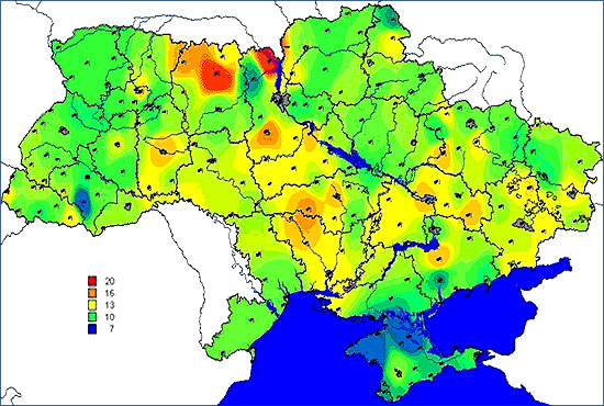 Карта доз облучения населения Украины Карта доз облучения населения Украины
