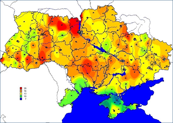 Карта распределения среднемесячной мощности экспозиционной дозы в Украине Карта экспозиционной дозы в Украине