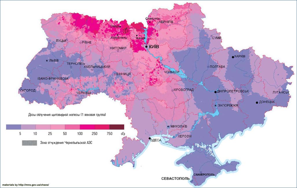 Карта доз облучения  Карта ожидаемых доз облучения щитовидной железы населения Украины.