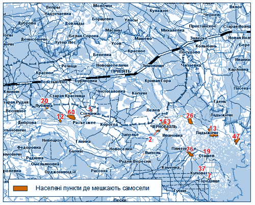 Карта мест проживания населения в зоне отчуждения Карта населенных пунктов с самоселами