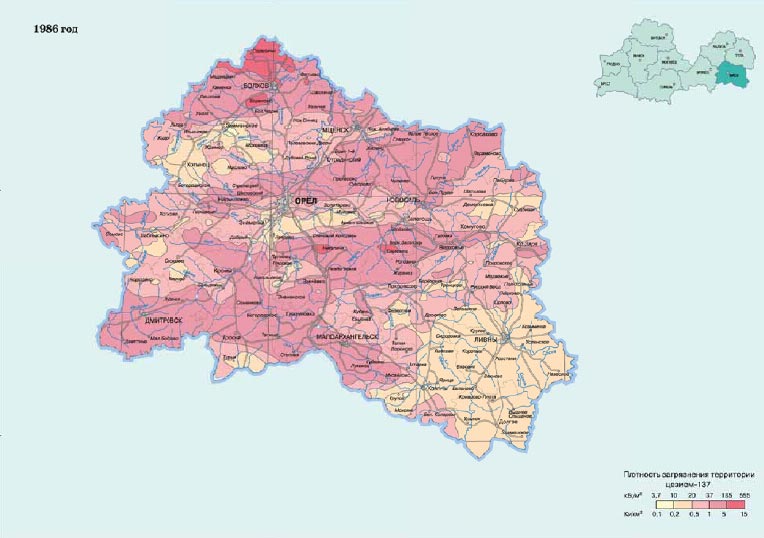 Карта загрязнения цезием-137 в 1986 году Карта загрязнения цезием России