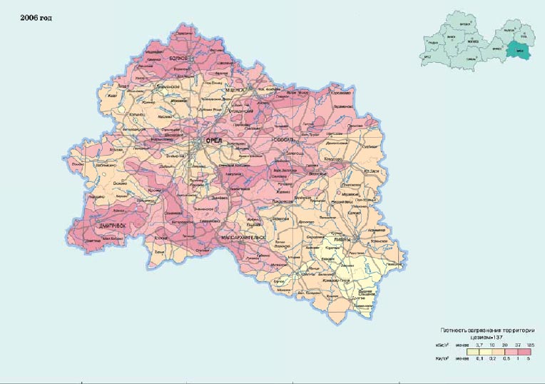 Орловская область загрязнена цезием 2006 год Карта загрязнения России радиоцезием